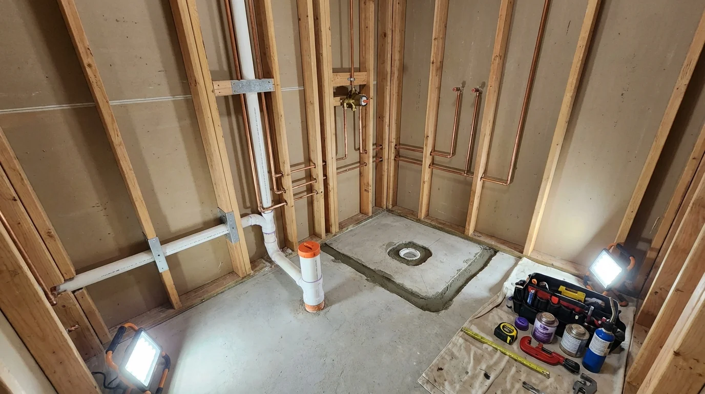 Bathroom rough-in plumbing during remodel by Johns Plumbing LLC in Rock Island
