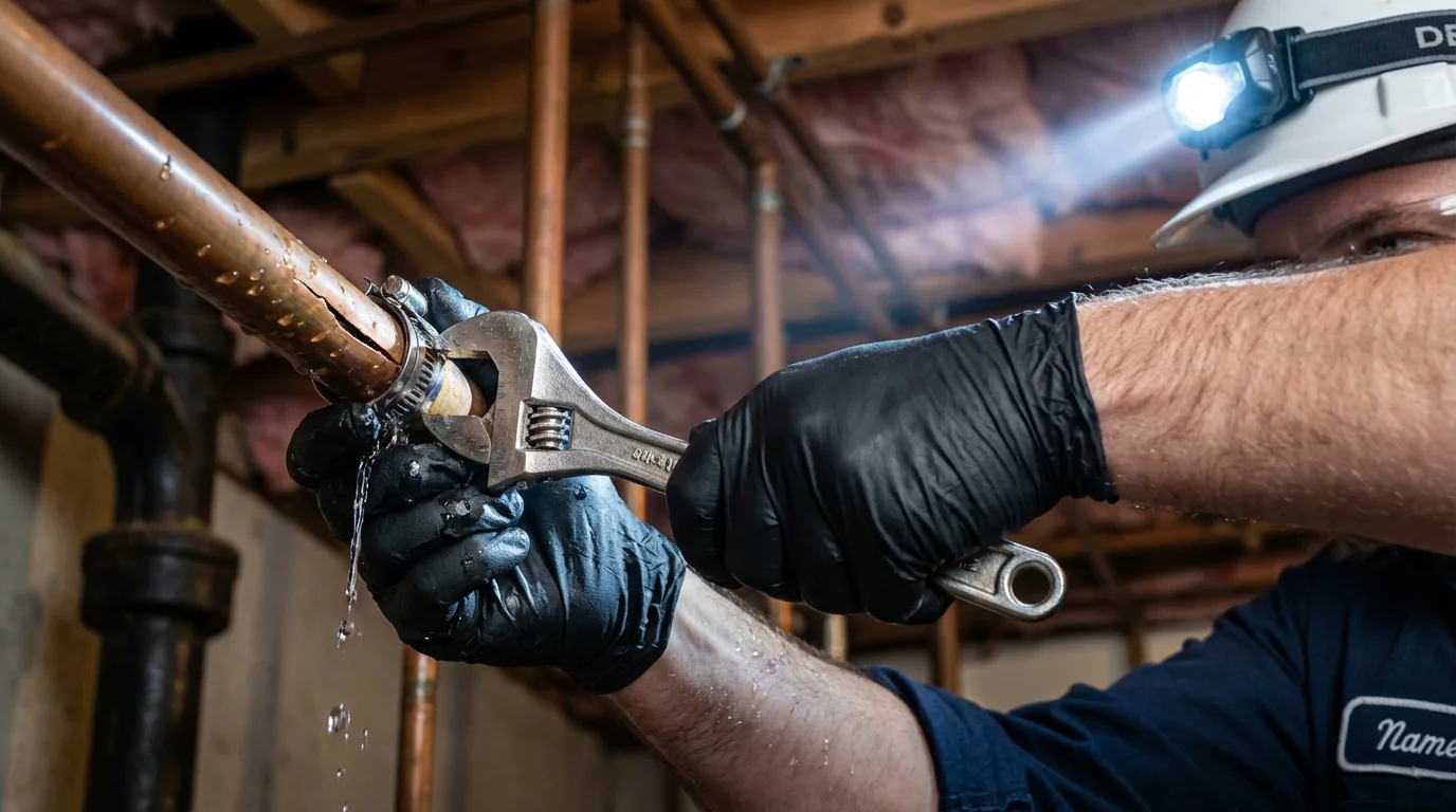 Emergency pipe clamp repair being performed by a Johns Plumbing LLC plumber in Rock Island