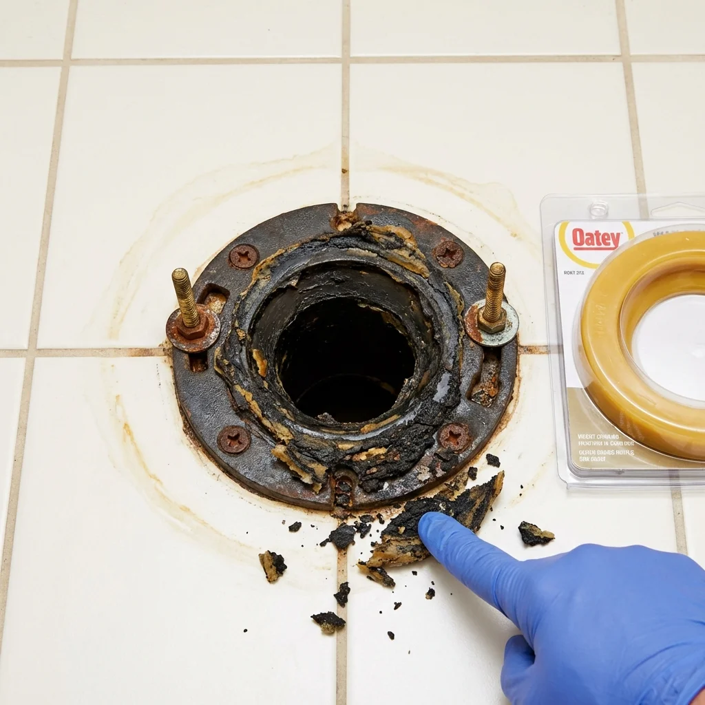 Failed wax ring showing water seepage at the base of a toilet in a Rock Island, IL home