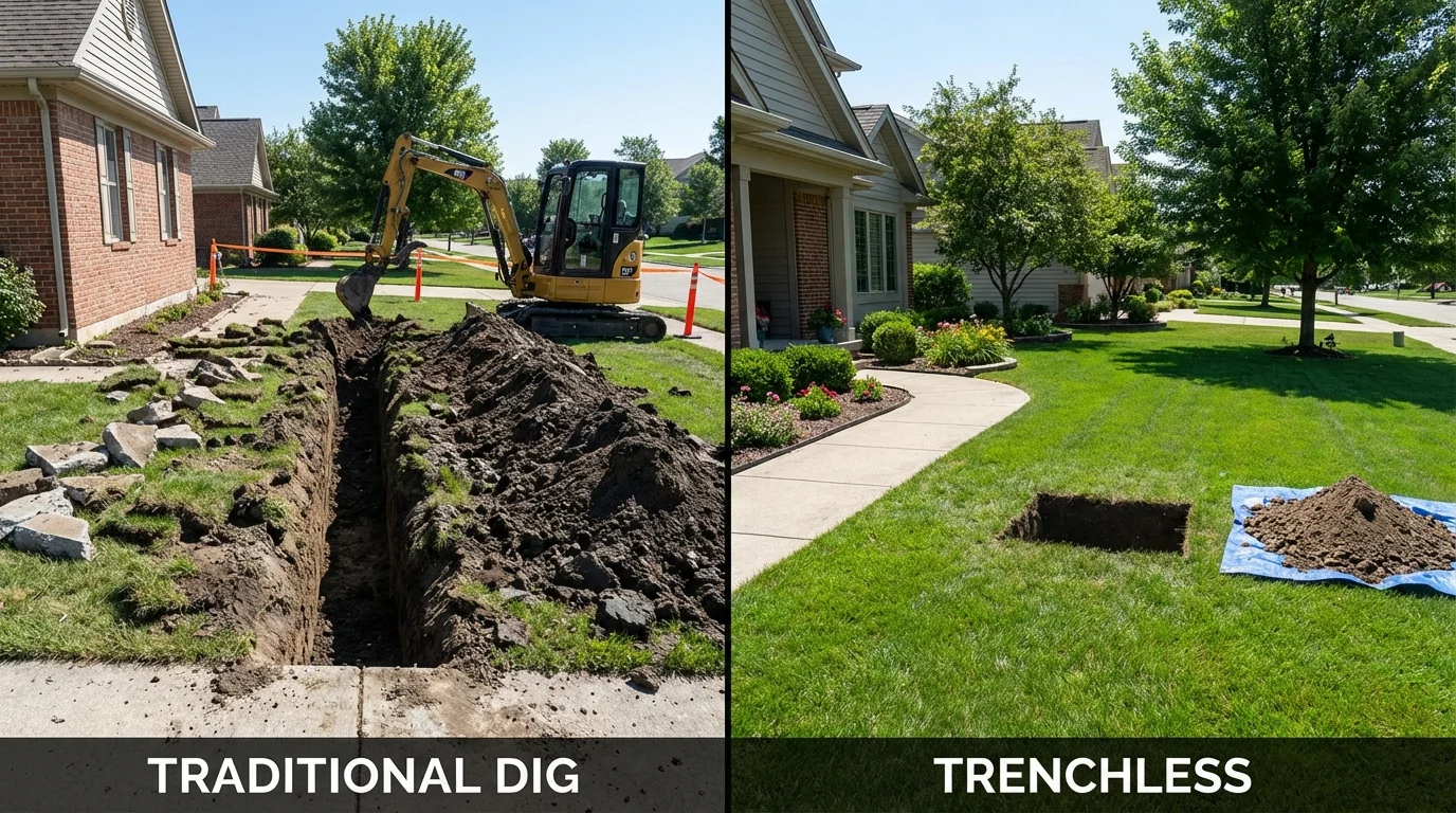 Trenchless sewer repair with minimal yard damage versus traditional excavation in Rock Island, IL