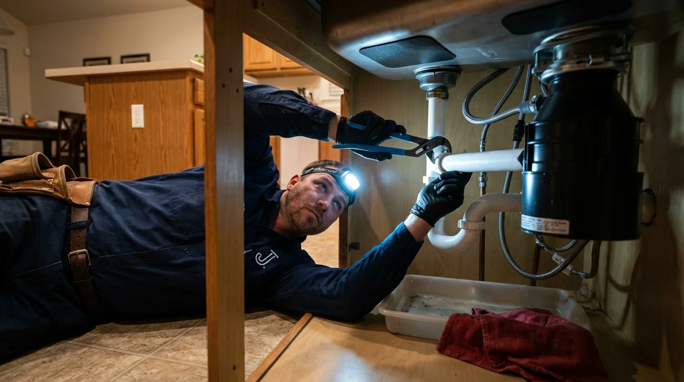 P-trap and supply line connections under a kitchen sink showing a common leak point in Rock Island, IL